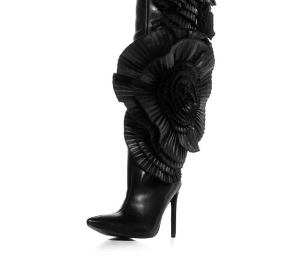 Women Fashion Faux Leather Black Flower Knee High Boots