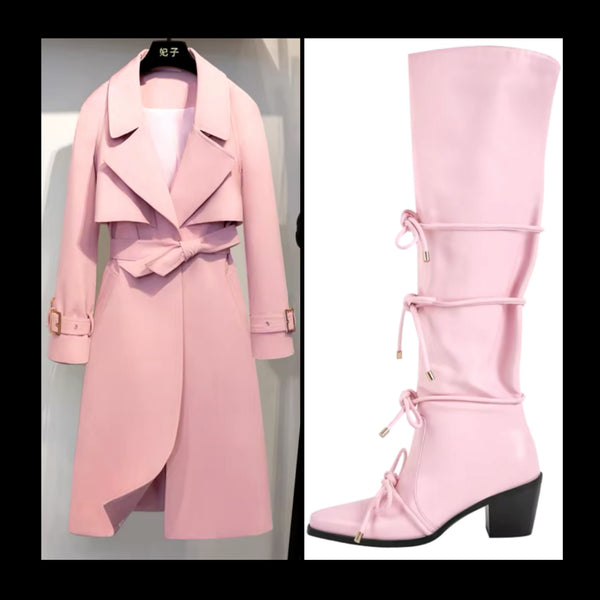 Women Fashion Faux Leather Pointed Toe Tie Up Knee High Boots