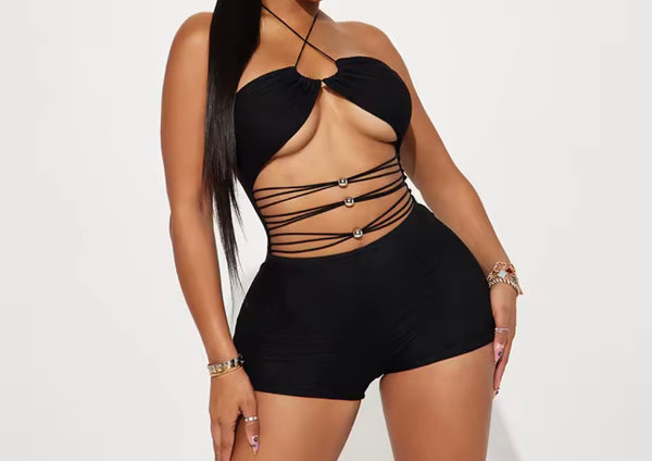 Women B&W Fashion Faux Leather Patchwork Two Piece Romper Set