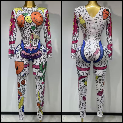 Women White Printed Rhinestone Full Sleeve Fashion Jumpsuit