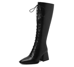 Women Fashion Pointed Toe Lace Up Knee High Boots