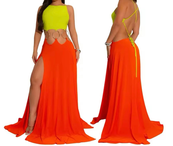 Women Sexy Sleeveless Color Patchwork Metal Cut Out Maxi Dress