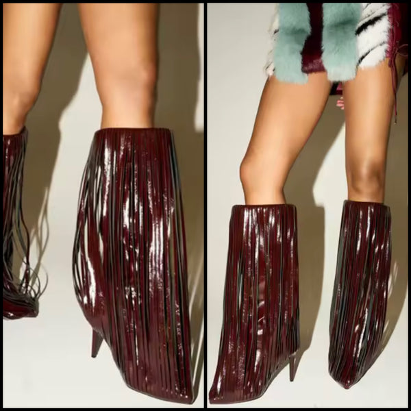 Women Fashion Pointed Toe Tassel High Heel Boots