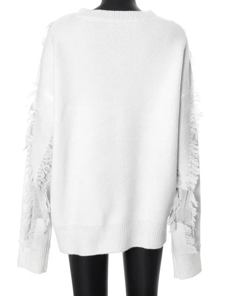 Women White Fashion Fringe Full Sleeve Sweater Top