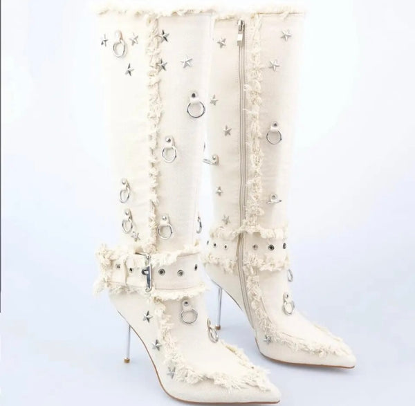 Women Fashion Fringe Star Buckled Denim Knee High Boots