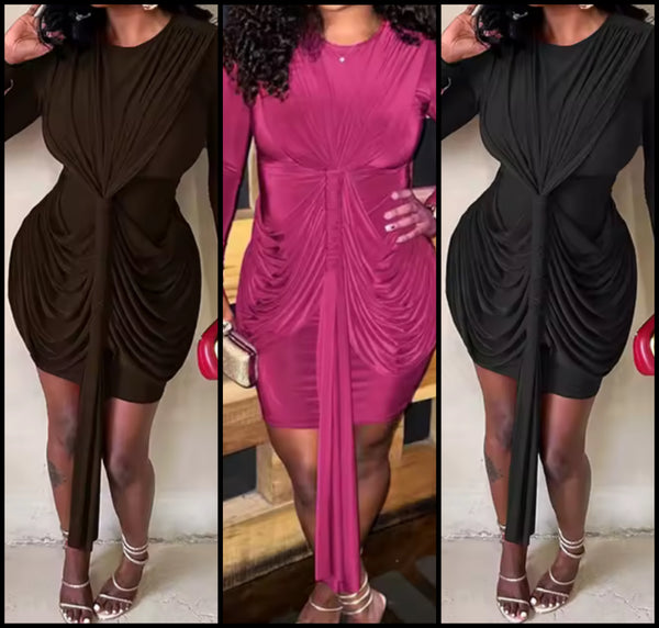 Women Sexy Draped Ruche Tassel Full Sleeve Dress