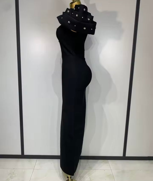 Women Elegant Crystal Patchwork Short Sleeve Maxi Dress