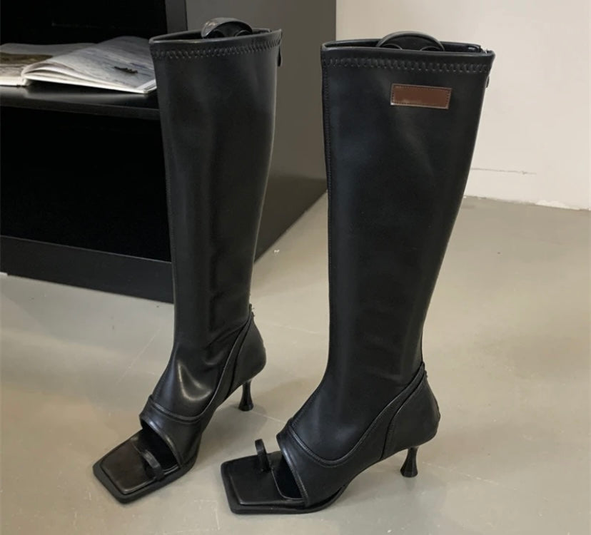 Women Fashion Faux Leather Open Toe Knee High Boots
