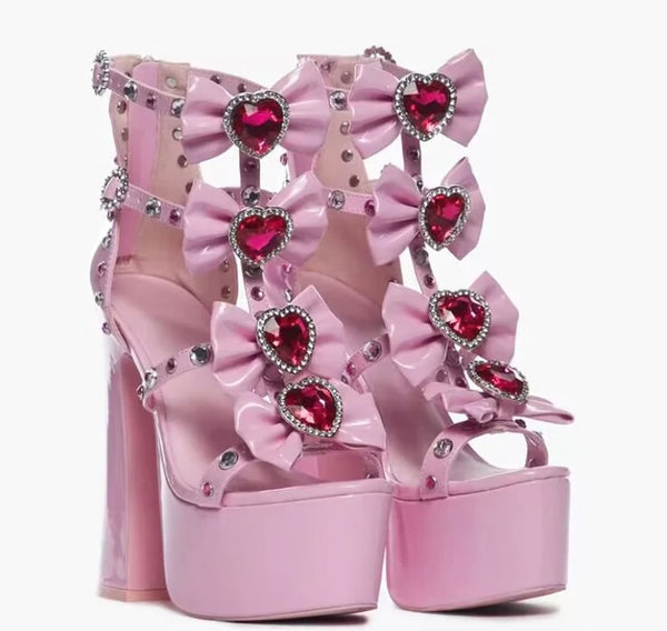 Women Fashion Pink Platform Heart Bow Ankle Strap Sandals