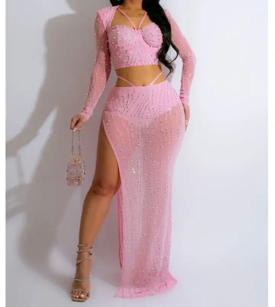 Women Sexy Full Sleeve Bling Mesh Two Piece Maxi Skirt Set