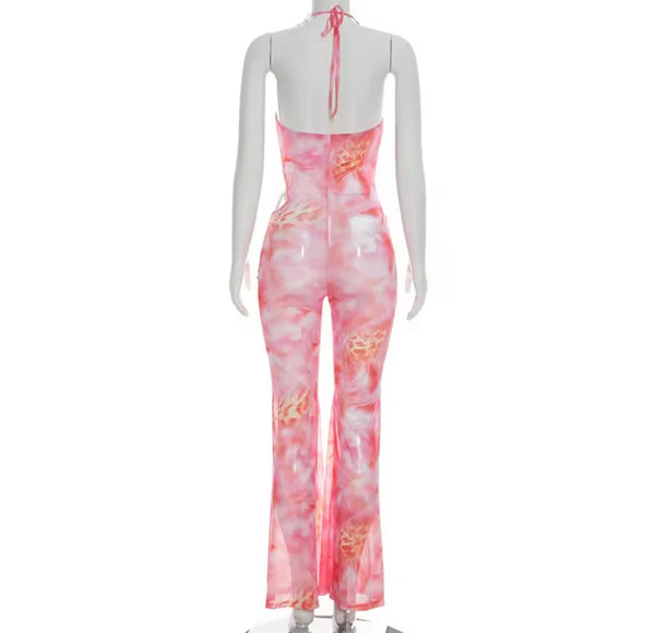 Women Sexy Halter Sleeveless Pink Floral Mesh Jumpsuit