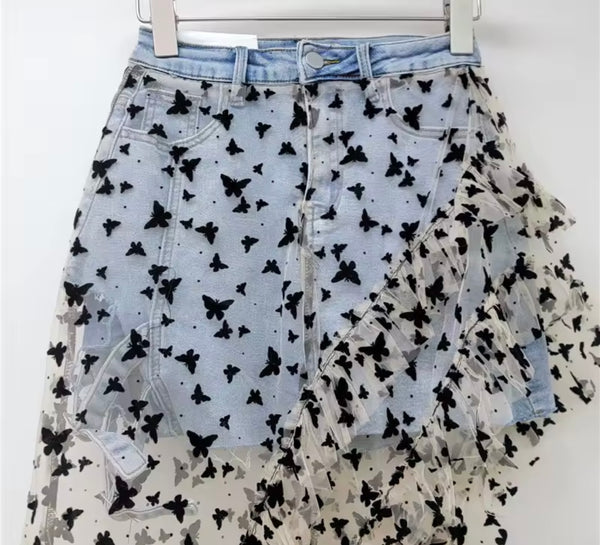 Women Fashion Printed Mesh Asymmetrical Denim Skirt
