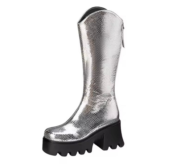 Women Fashion Metallic Zip Up Platform Knee High Boots