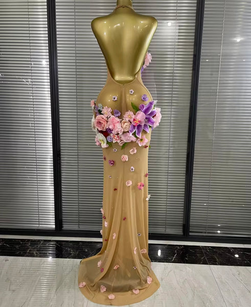 Women Sexy Halter Sleeveless Floral Mesh Maxi Dress