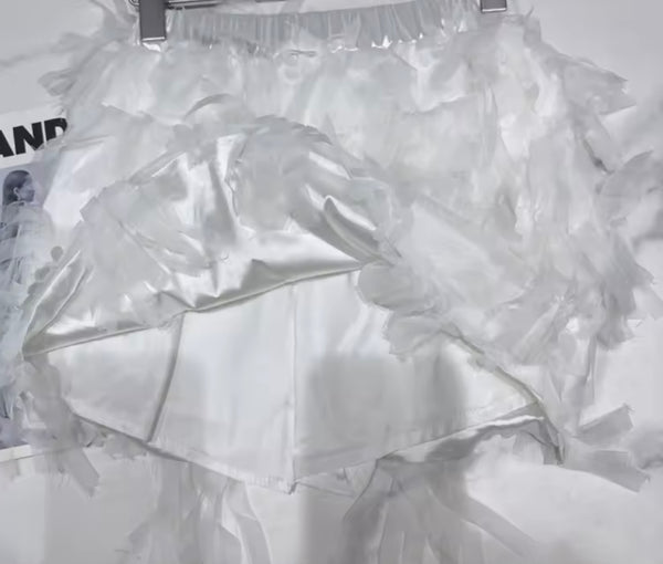 Women White Rhinestone Halter Sexy Two Piece Tassel Skirt Set