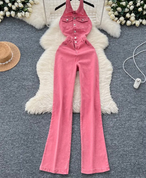 Women Sexy Fashion Pink Halter Sleeveless Denim Jumpsuit