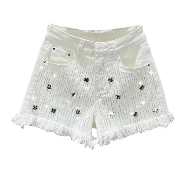 Women Fashion Fringe Heart Bling Denim Shorts