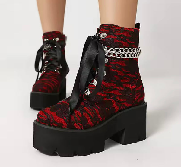 Women Fashion Lace Chain Platform Ankle Boots