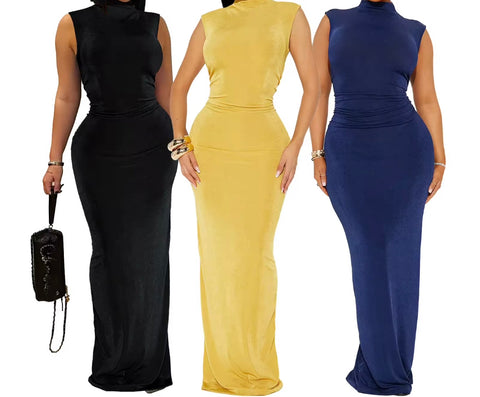 Women Sexy Sleeveless Solid Color Ruched Maxi Dress