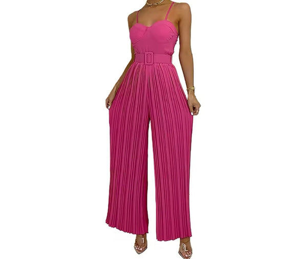 Women Sleeveless Solid Color Fashion Pleated Jumpsuit