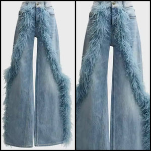 Women Fashion Blue Faux Fur Patchwork Denim Pants