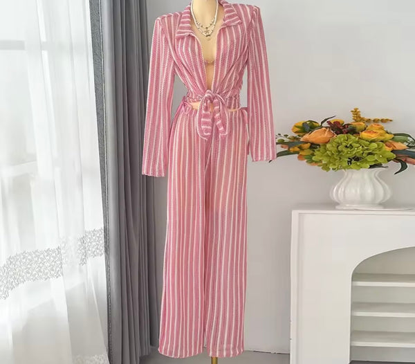 Women Sexy Color Striped Bikini Cover Up Set