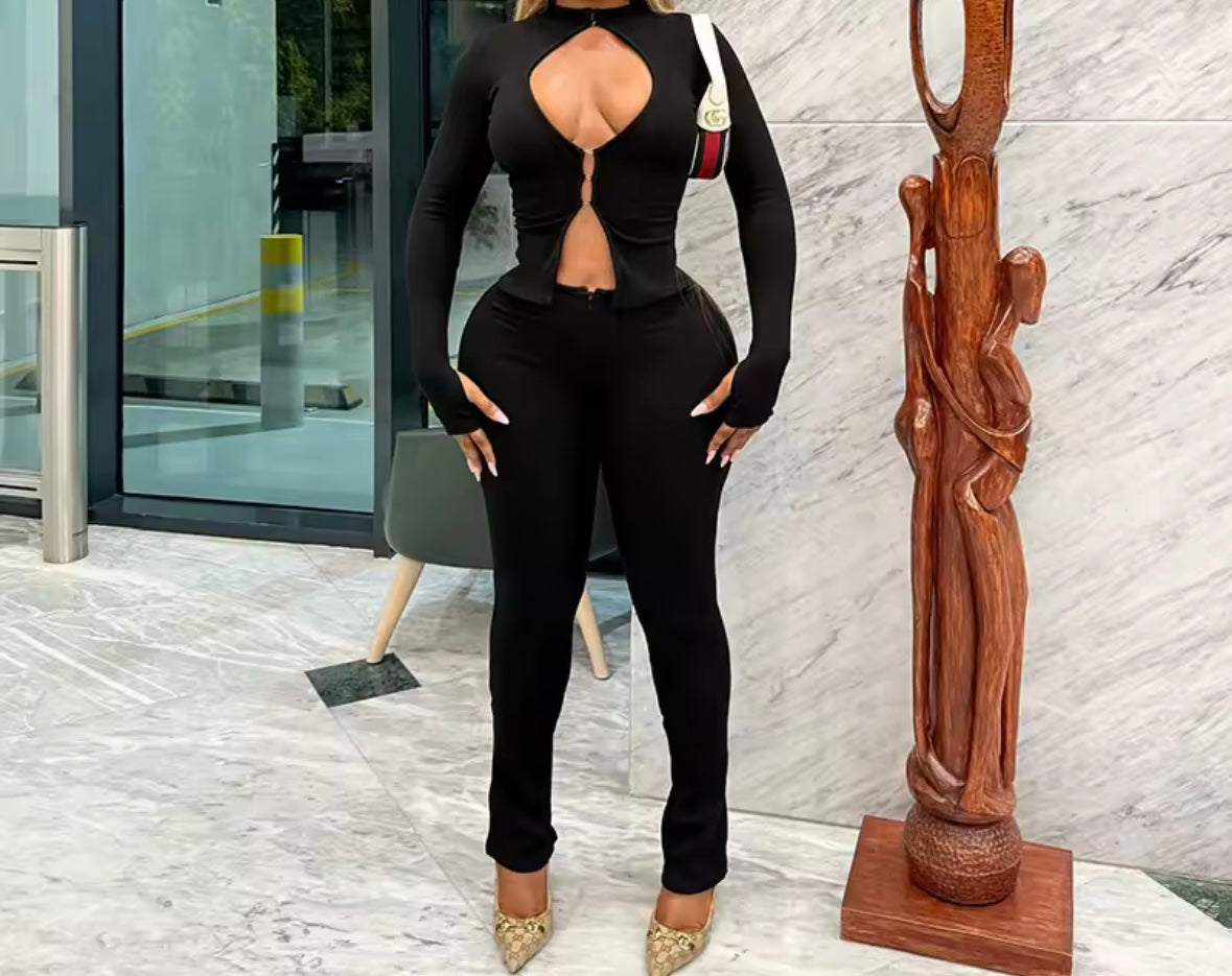 Women Sexy Solid Color Full Sleeve Cut Out Two Piece Pant Set