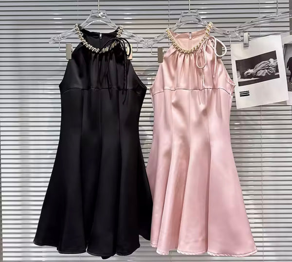 Women Rhinestone Sleeveless Satin Sexy Dress