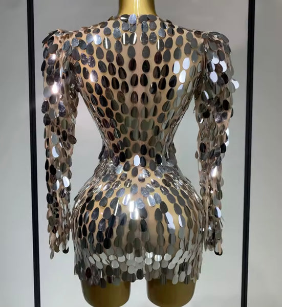 Women Sexy Silver Mirror Full Sleeve Dress