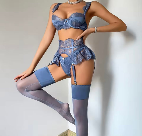 Women Sexy Blue Lace Lingerie Set