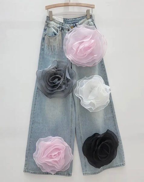 Women Fashion Rhinestone Tassel Colorful Floral Denim Pants