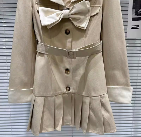 Women Khaki Bow Button Up Full Sleeve Blazer Dress