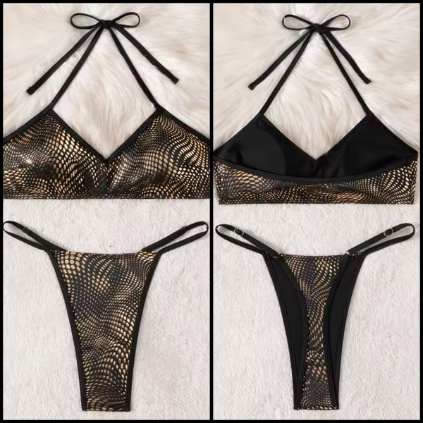 Women Sexy Black Printed Tie Up Halter Bikini Swimsuit