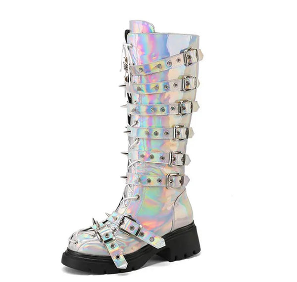 Women Fashion Platform Buckled Lace Up Knee High Boots