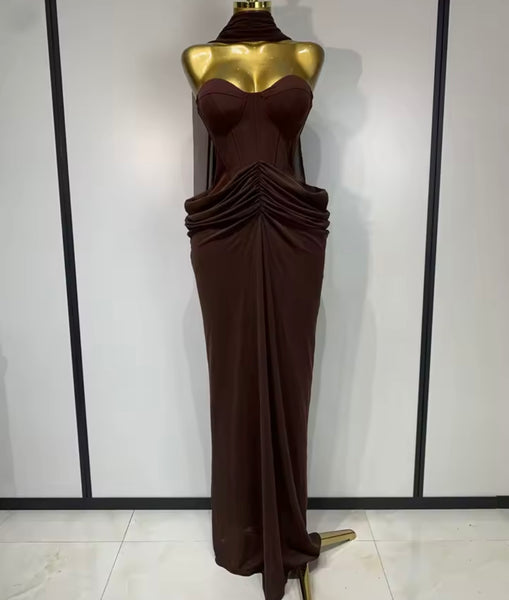 Women Sexy Strapless Ruched Maxi Dress