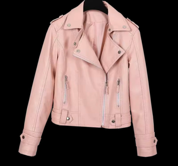 Women Color Zip Up Fashion Faux Leather Jacket