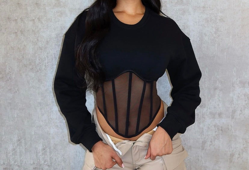 Women Mesh Patchwork Fashion Full Sleeve Top
