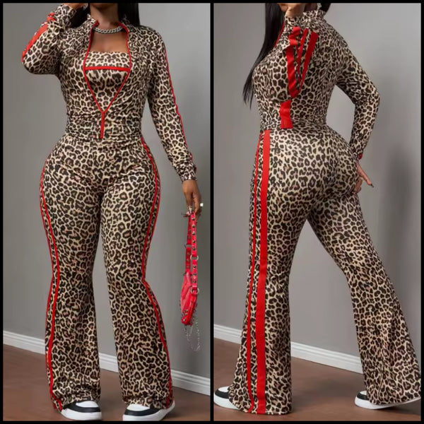 Women Leopard Striped Tracksuit Three Piece Pant Set