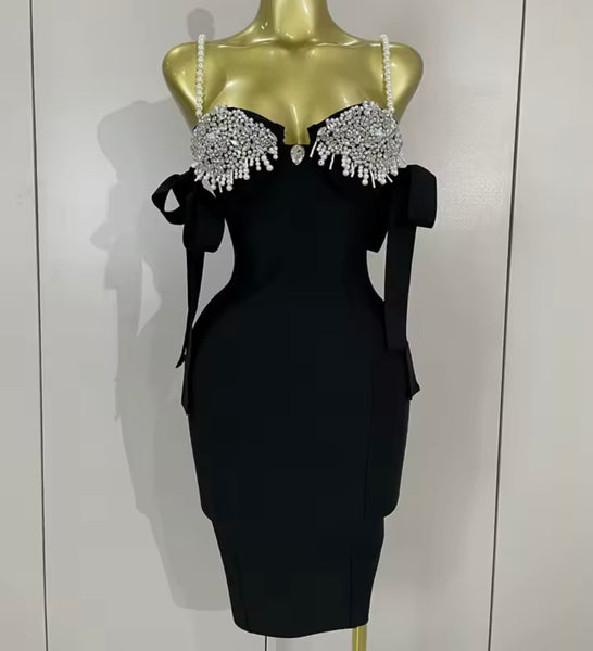 Women Sexy Pearl Rhinestone Sleeveless Bandage Dress