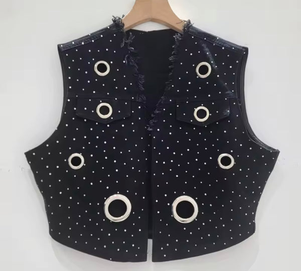 Women Fashion Black Bling Metal Ring Vest Two Piece Denim Pant Set
