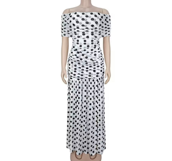 Women Polka Dot Off The Shoulder Front Split Maxi Dress