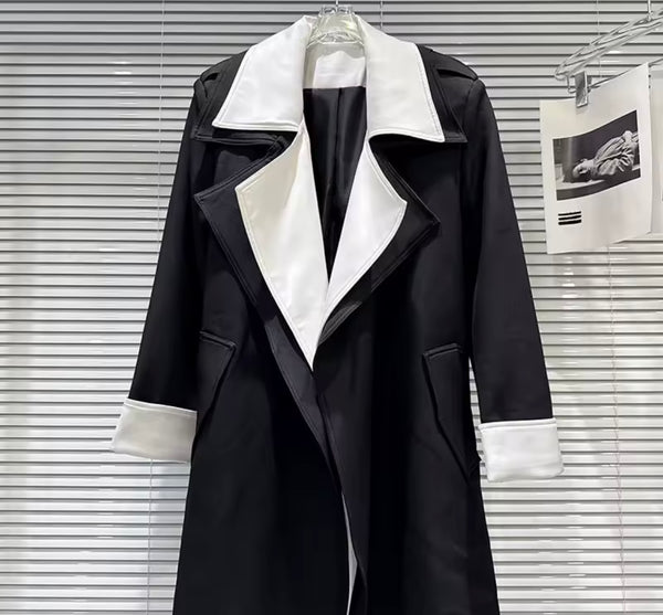 Women B&W Fashion Double Layer Turn Down Collar Trench Jacket