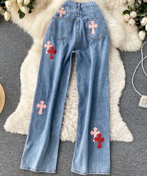 Women Fashion Color Cross Denim Pants