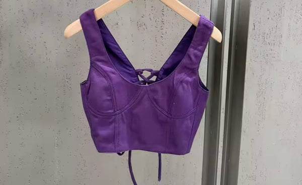 Women Fashion Purple Three Piece Cut Out Capri Pant Set