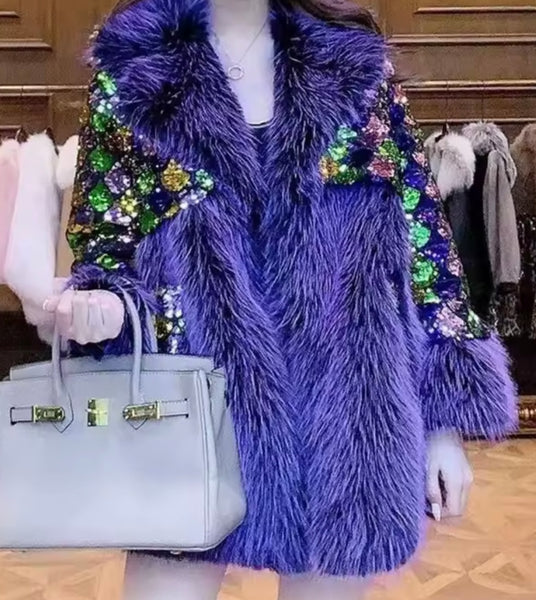 Women Purple Sequins Faux Fur Fashion Jacket