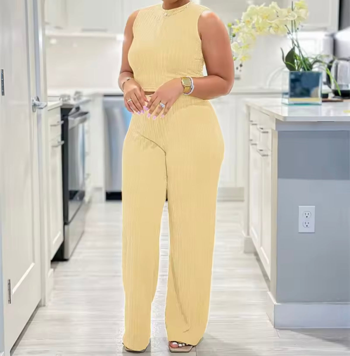 Women Sleeveless Ribbed Color Fashion Two Piece Pant Set