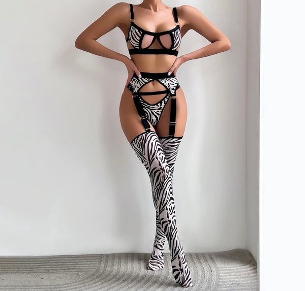 Women Sexy Zebra Print Stalking Lingerie Set