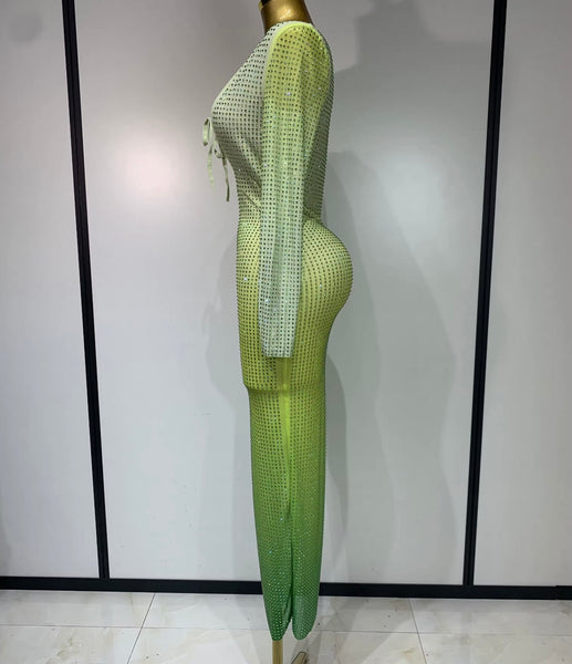 Women Sexy Green Gradient Bling Full Sleeve Maxi Dress