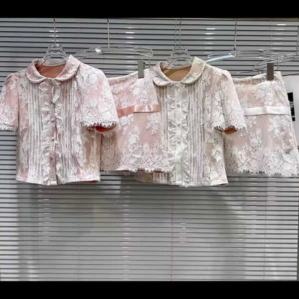 Women Button Up Lace Bow Short Sleeve Two Piece Skirt Set