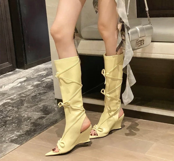 Women Pointed Open Toe Bow Faux Leather Knee High Fashion Boots